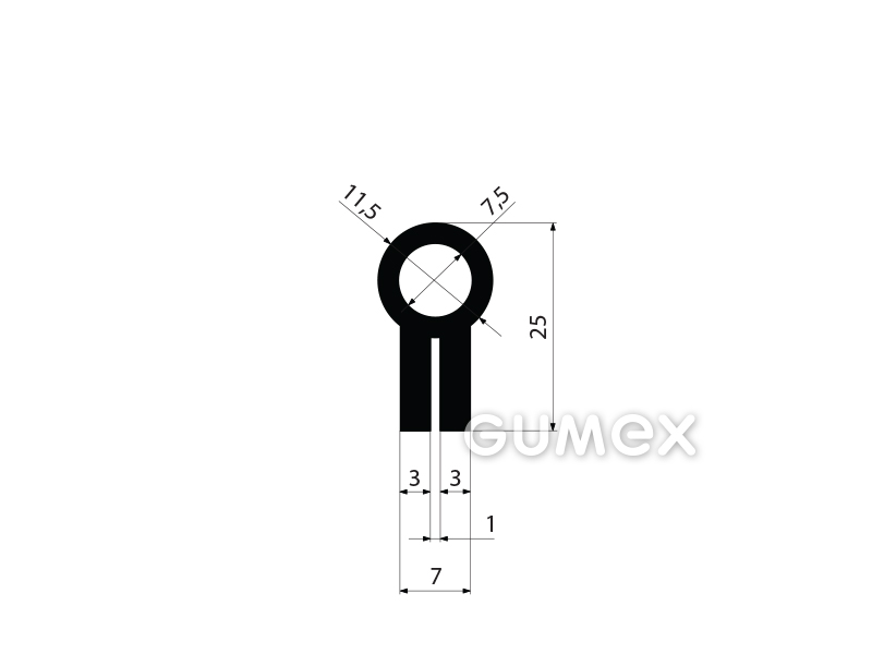 Geformtes Gummiprofil mit Loch, 25x11,5mm, 60°ShA, SBR, -40°C/+70°C, schwarz, 